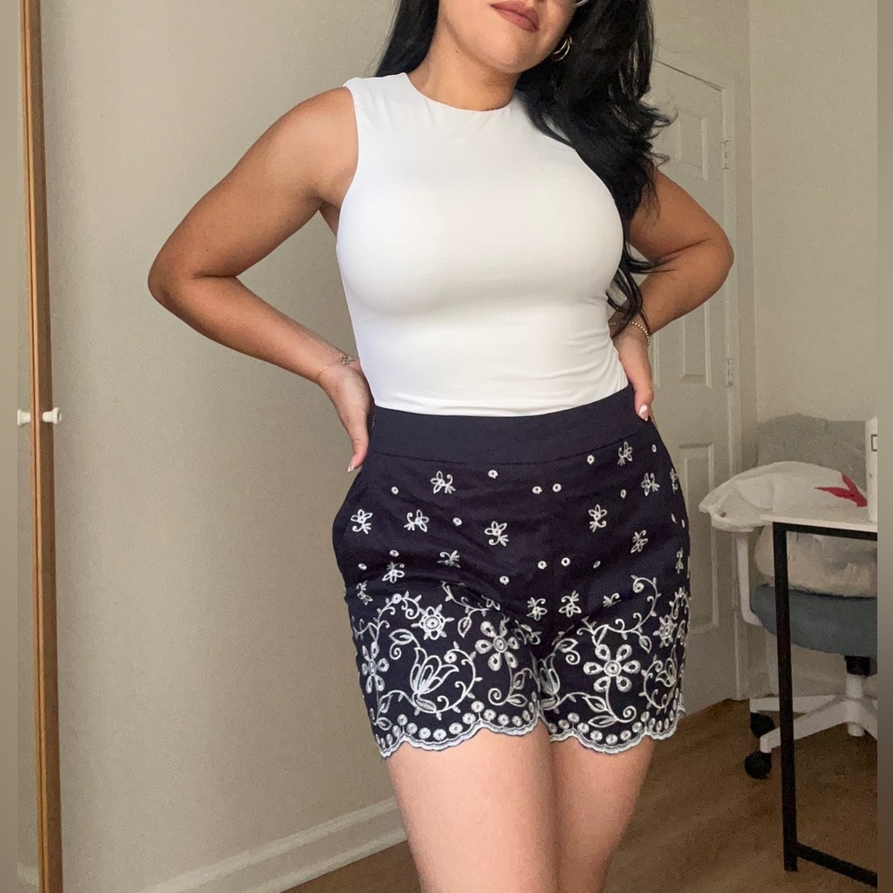 Embroidered Navy Blue Cotton Shorts
